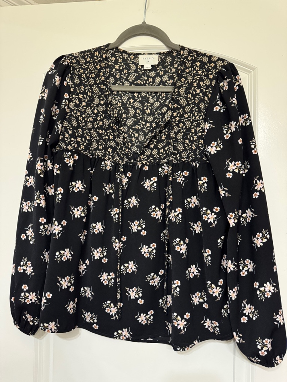 Everly Black Floral V-Neck Peasant Blouse